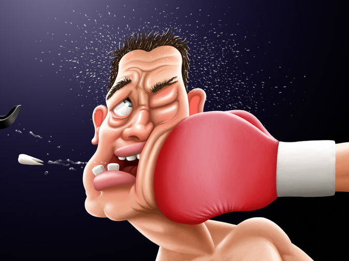 Cartoon boxing punch to the face, tooth knocked out